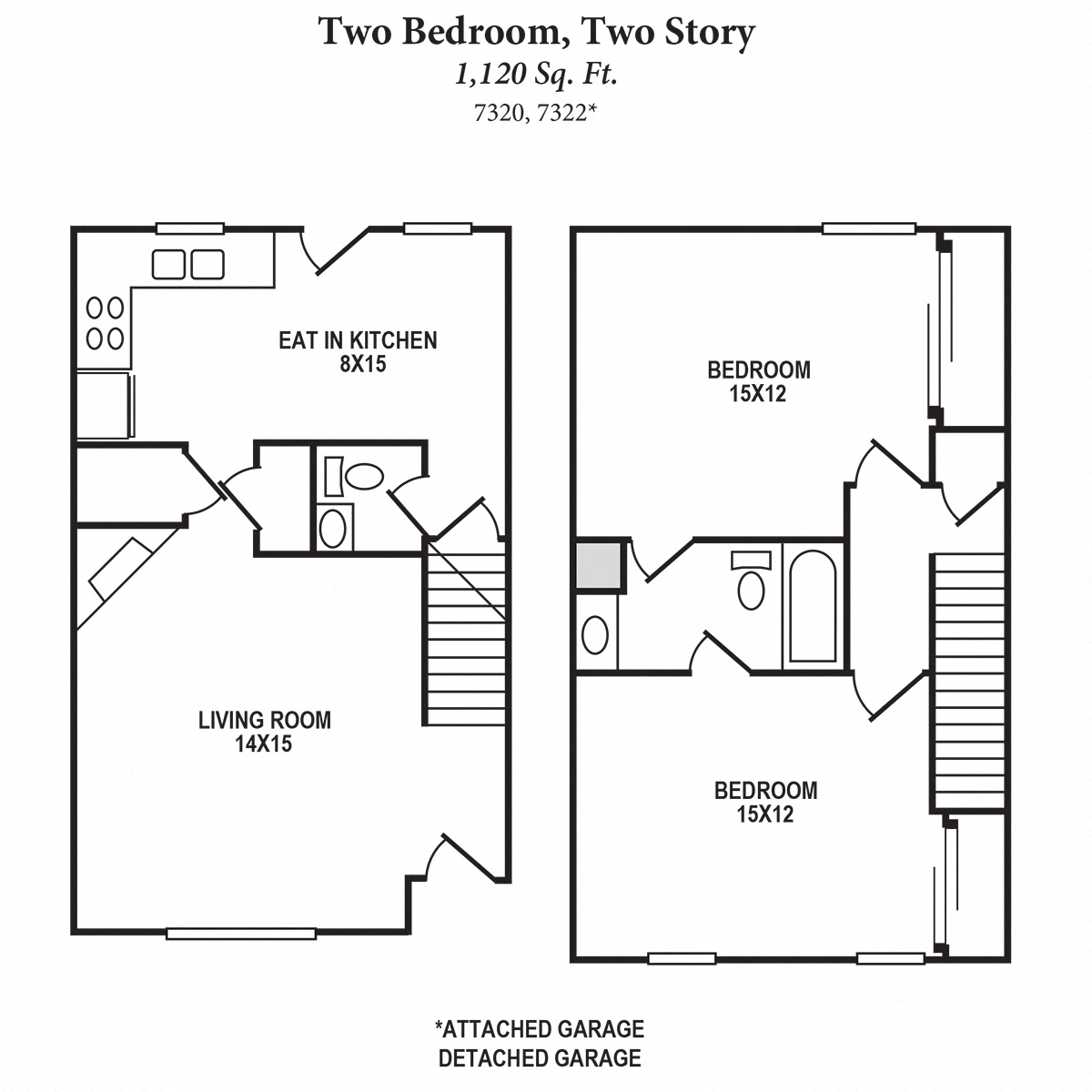 Floor plan for 2 beds, 1.5 baths, 1120 sqft